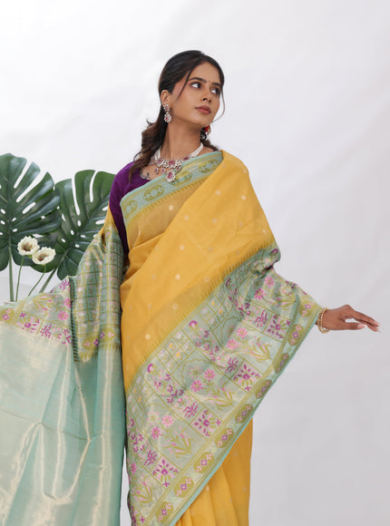 Yellow - Teal Banarasi Kora Silk Saree