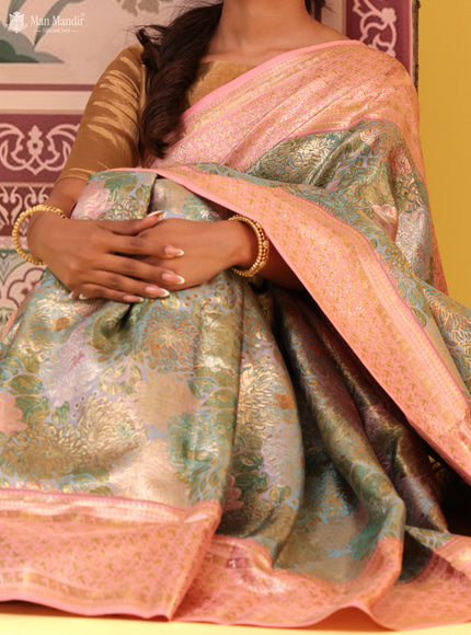 Dual Tone Teal - Peach Pink Kanchipuram Silk Saree
