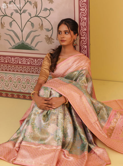 Dual Tone Teal - Peach Pink Kanchipuram Silk Saree