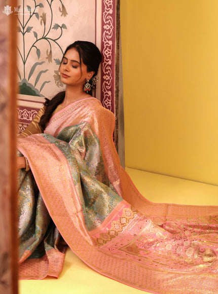 Dual Tone Teal - Peach Pink Kanchipuram Silk Saree