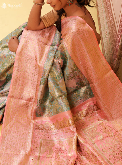 Dual Tone Teal - Peach Pink Kanchipuram Silk Saree