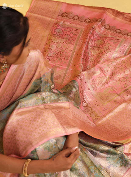 Dual Tone Teal - Peach Pink Kanchipuram Silk Saree