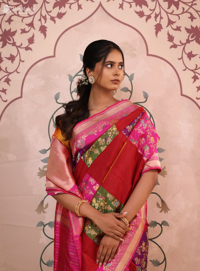 Red - Pink Banarasi Kadwa Silk Saree