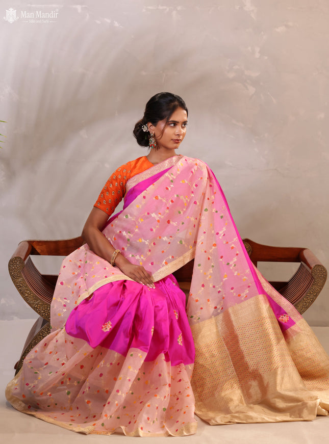 Pink - Mild Peach Banarasi Kadwa Silk Saree