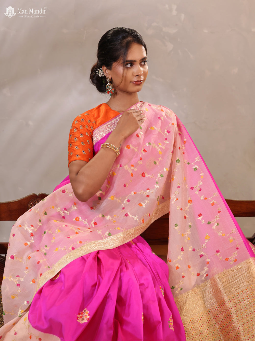 Pink - Mild Peach Banarasi Kadwa Silk Saree