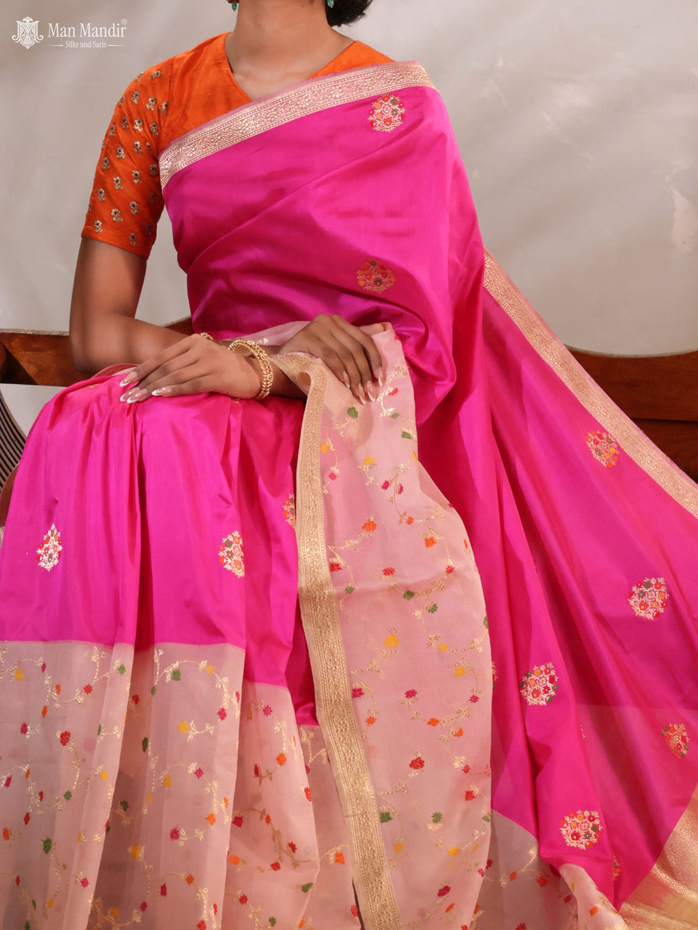 Pink - Mild Peach Banarasi Kadwa Silk Saree