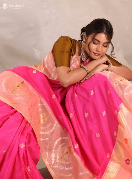 Pink - Peach Orange Banarasi Kadwa Silk Saree