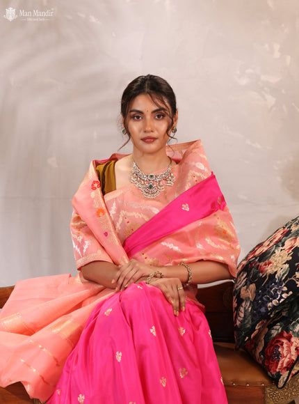 Pink - Peach Orange Banarasi Kadwa Silk Saree