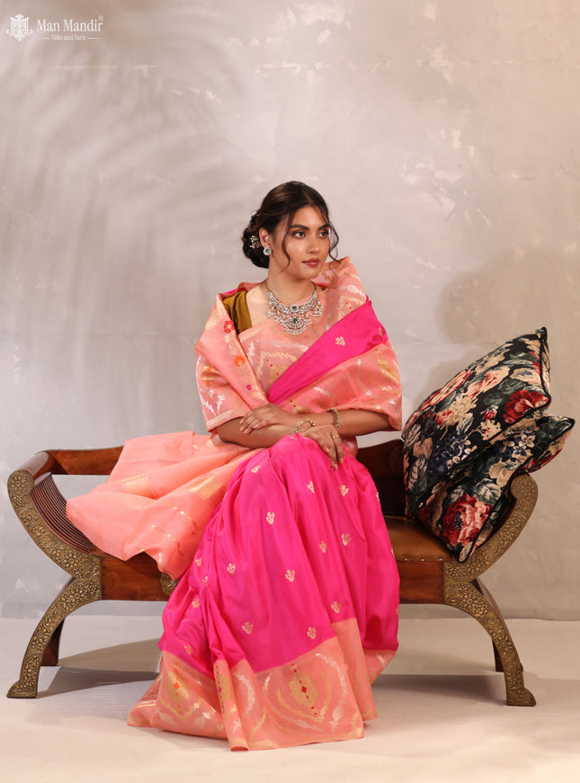 Pink - Peach Orange Banarasi Kadwa Silk Saree