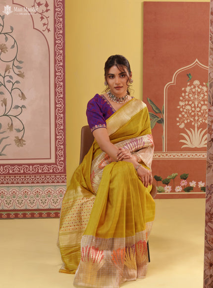 Mustard Yellow - Silver Banarasi Tussar Silk Saree