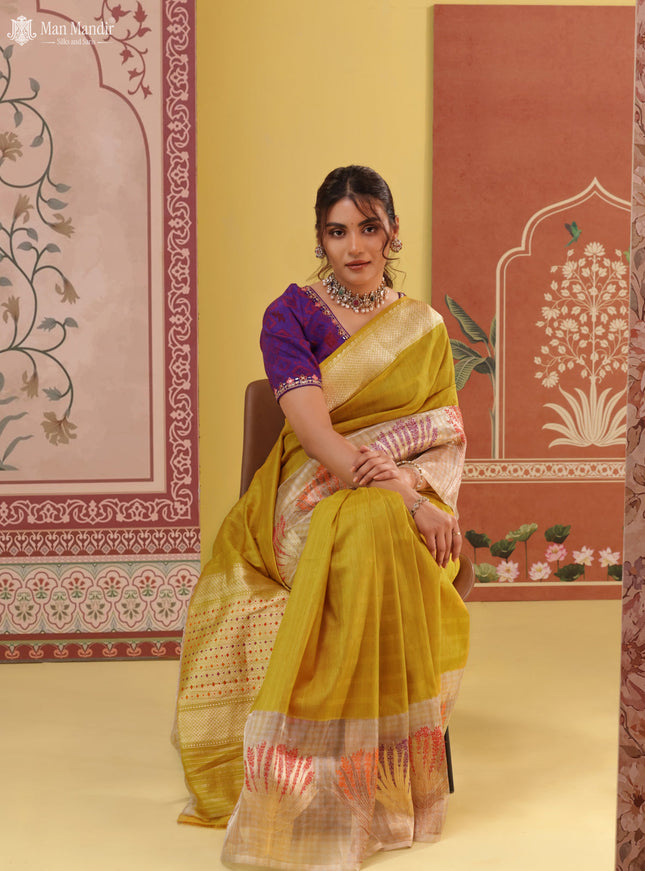 Mustard Yellow - Silver Banarasi Tussar Silk Saree