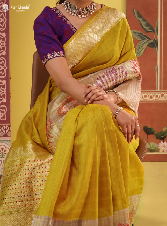 Mustard Yellow - Silver Banarasi Tussar Silk Saree