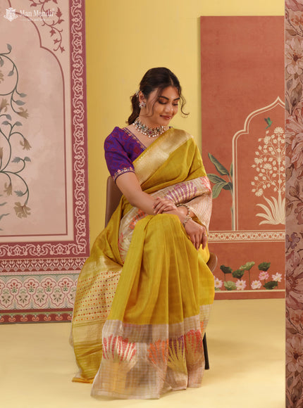 Mustard Yellow - Silver Banarasi Tussar Silk Saree