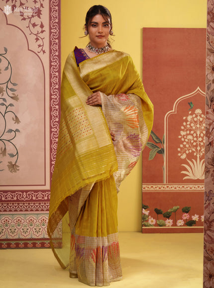Mustard Yellow - Silver Banarasi Tussar Silk Saree