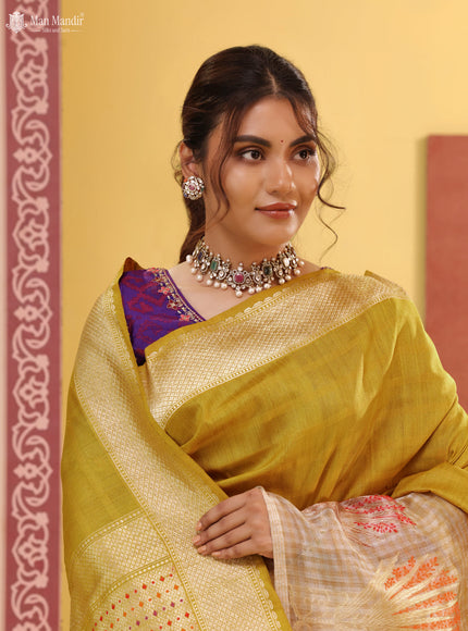 Mustard Yellow - Silver Banarasi Tussar Silk Saree