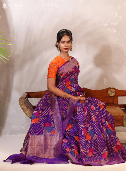 Purple Jamdhani Kora Silk Saree