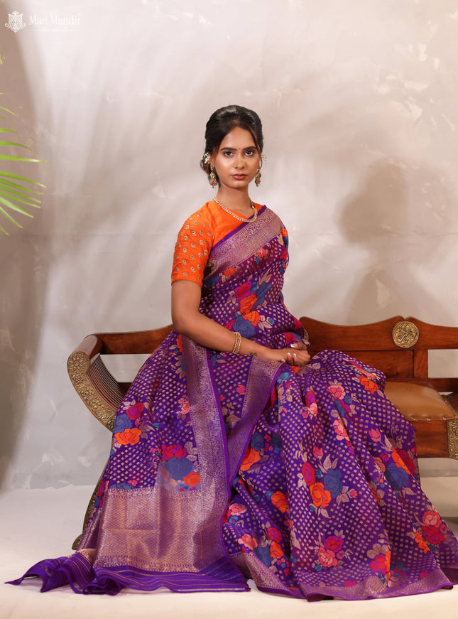 Purple Jamdhani Kora Silk Saree