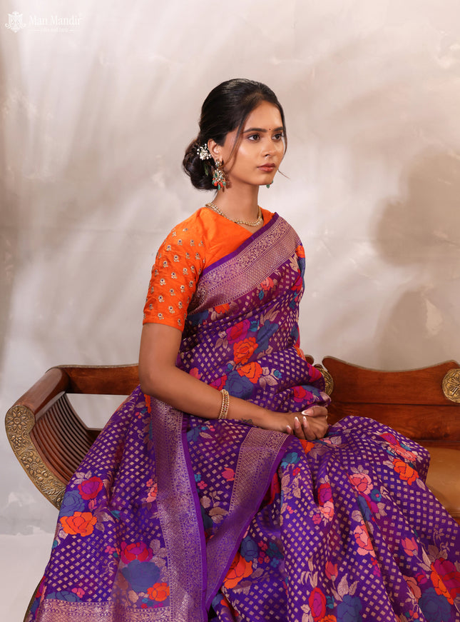 Purple Jamdhani Kora Silk Saree