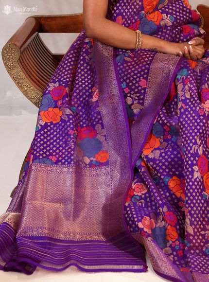Purple Jamdhani Kora Silk Saree