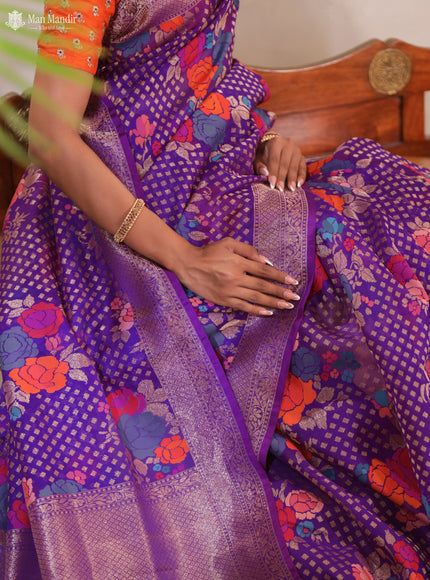 Purple Jamdhani Kora Silk Saree