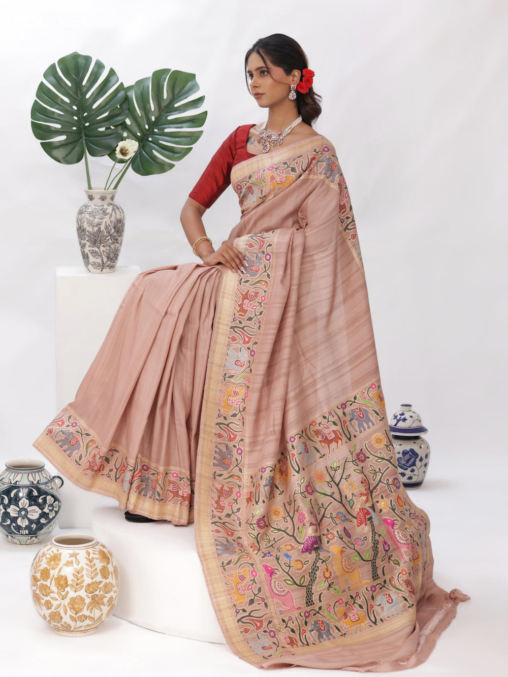 Pastel Peach Banarasi Tussar Silk Saree
