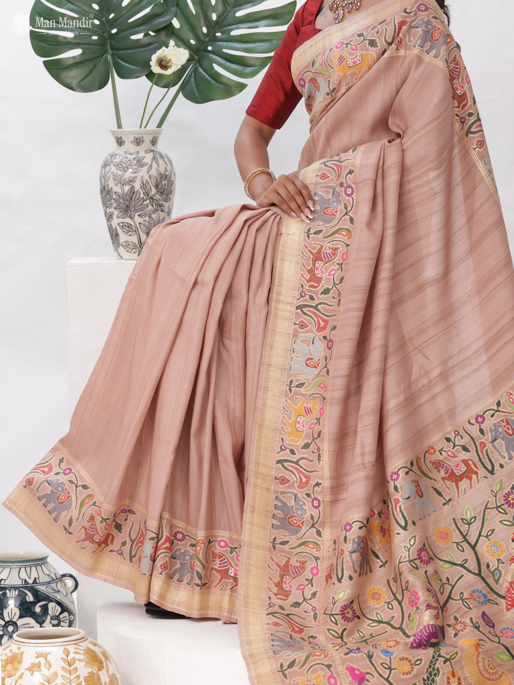 Pastel Peach Banarasi Tussar Silk Saree