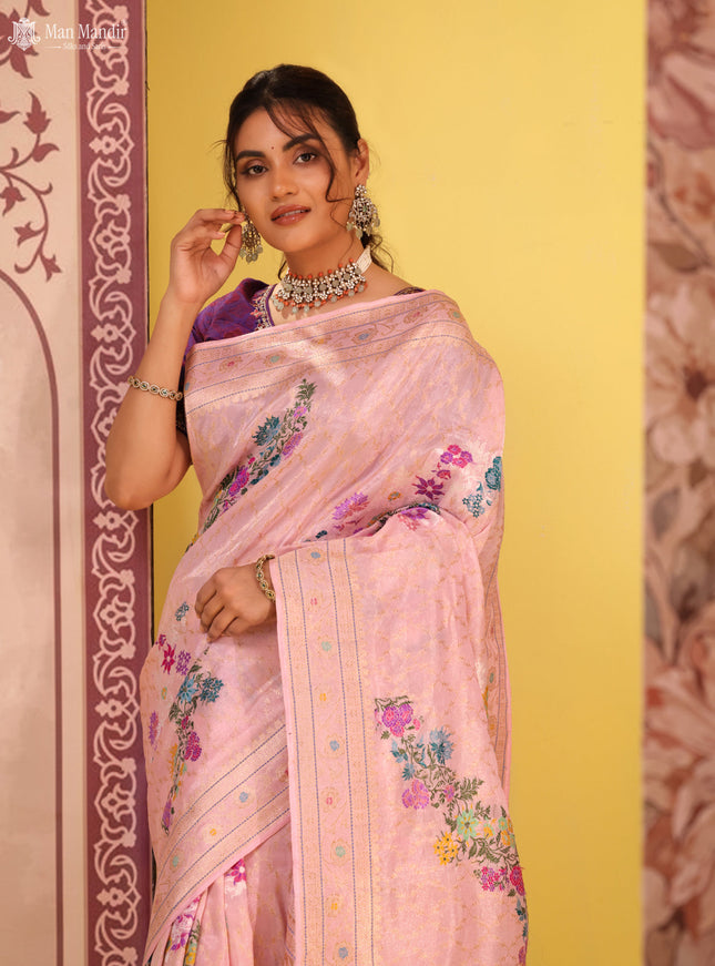 Light Pink Banarasi Tissue Silk Saree