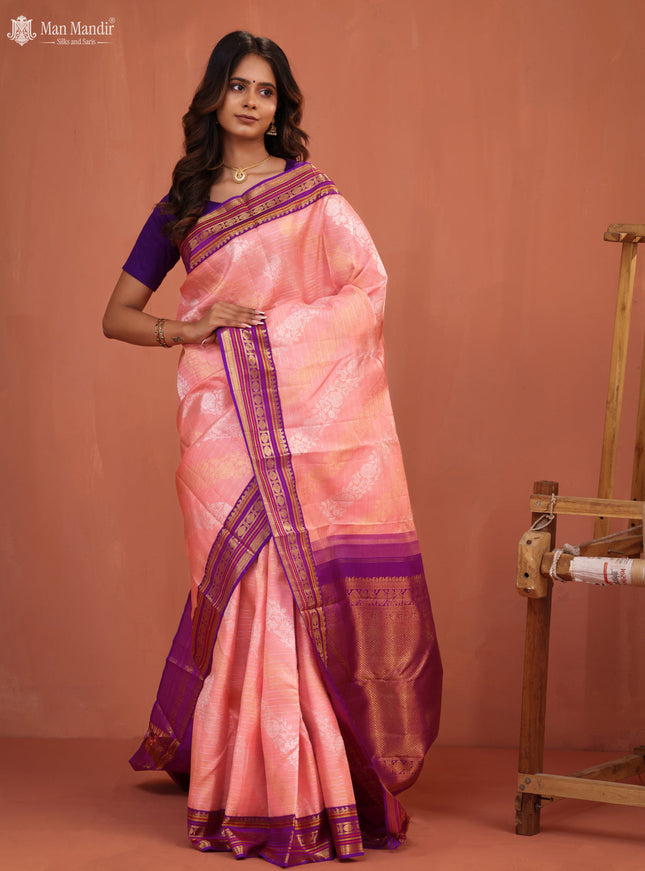 Mild Peach - Purple Kanchipuram Silk Saree
