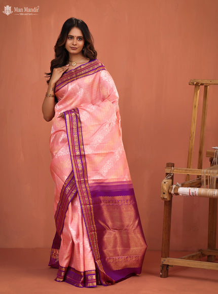 Mild Peach - Purple Kanchipuram Silk Saree