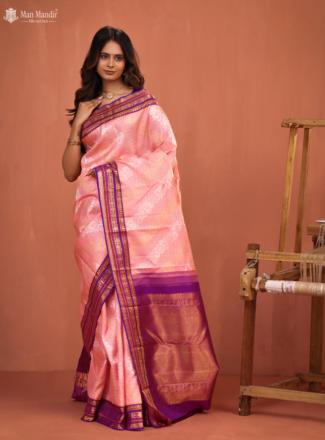 Mild Peach - Purple Kanchipuram Silk Saree