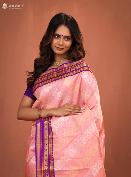 Mild Peach - Purple Kanchipuram Silk Saree