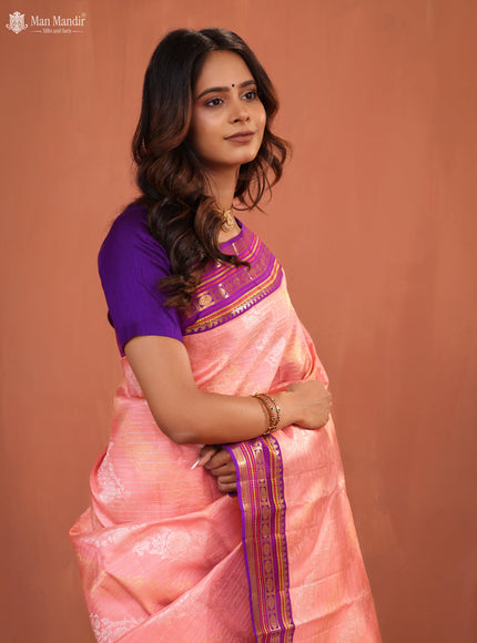 Mild Peach - Purple Kanchipuram Silk Saree