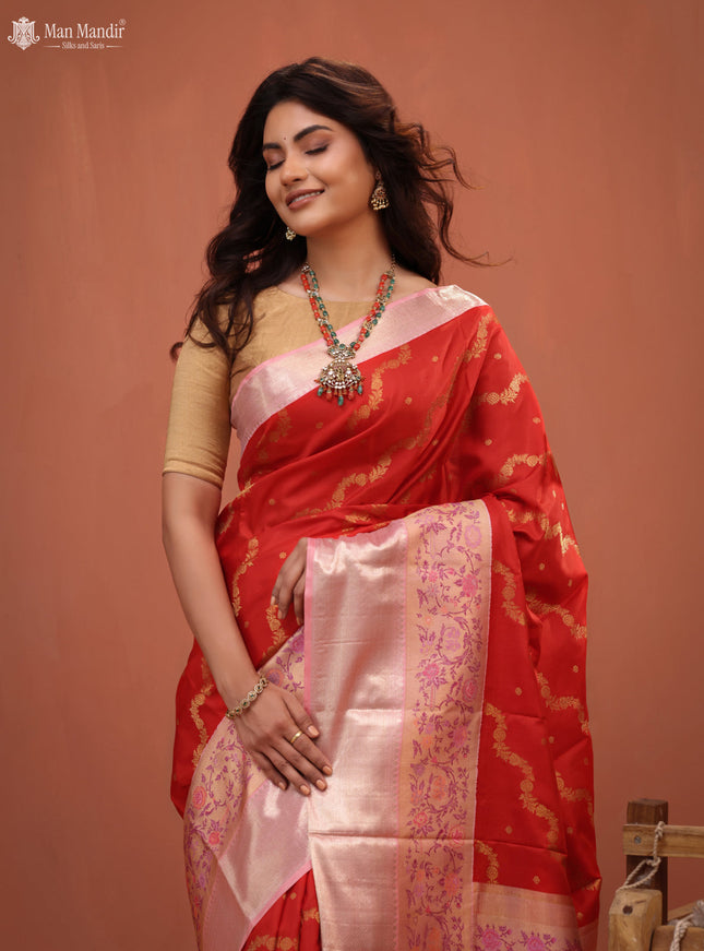 Red - Mild Peach Kanchipuram Silk Saree