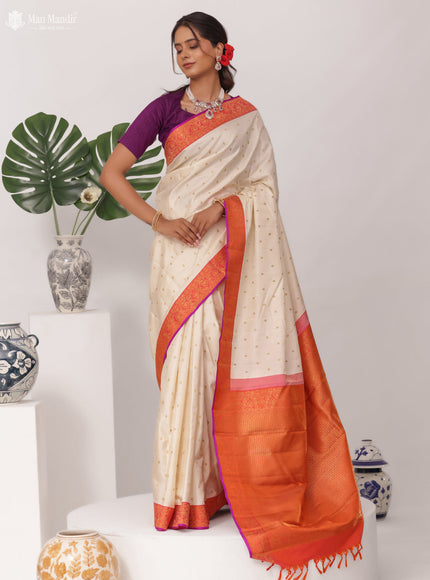 Cream - Pinkish Orange Kanchipuram Silk Saree