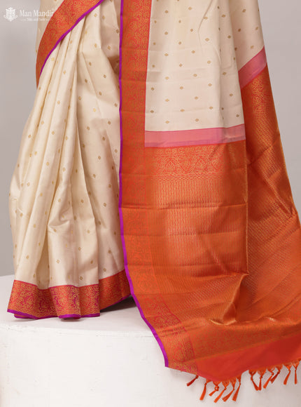 Cream - Pinkish Orange Kanchipuram Silk Saree