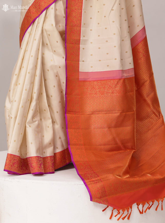 Cream - Pinkish Orange Kanchipuram Silk Saree
