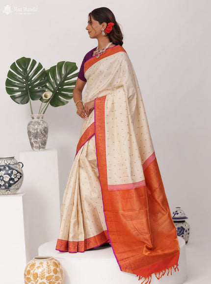 Cream - Pinkish Orange Kanchipuram Silk Saree