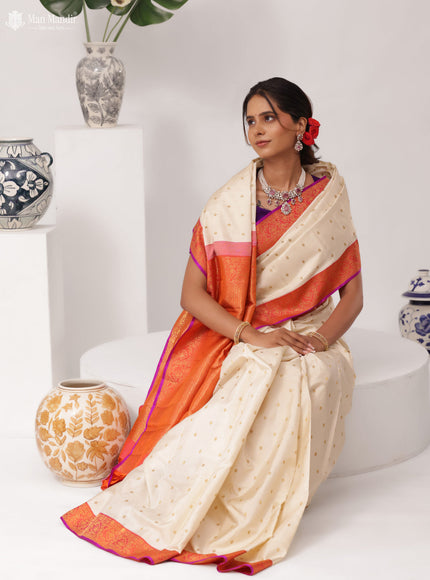 Cream - Pinkish Orange Kanchipuram Silk Saree