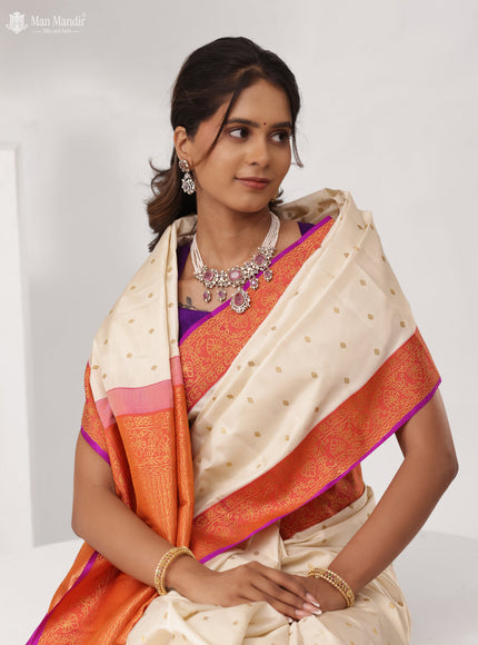 Cream - Pinkish Orange Kanchipuram Silk Saree