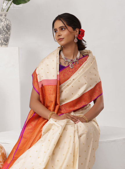 Cream - Pinkish Orange Kanchipuram Silk Saree
