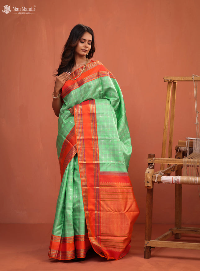 Teal Green - Orange Kanchipuram Silk Saree