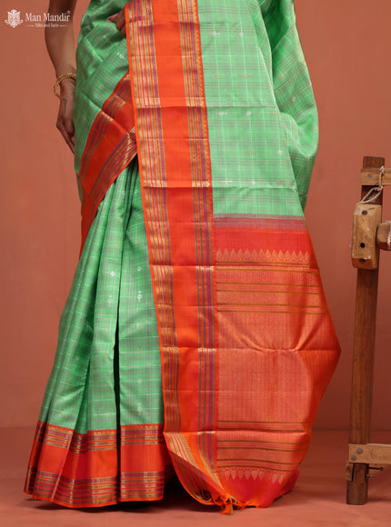 Teal Green - Orange Kanchipuram Silk Saree