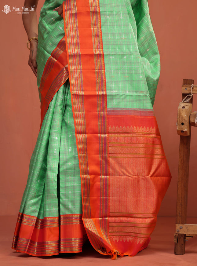 Teal Green - Orange Kanchipuram Silk Saree