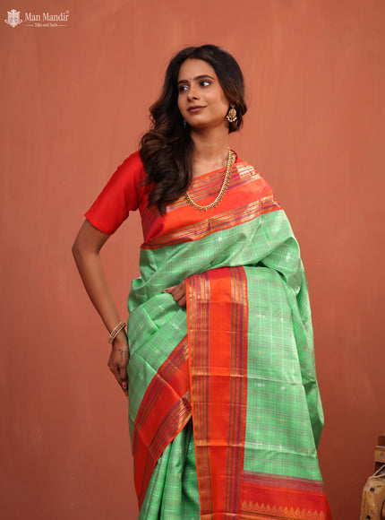Teal Green - Orange Kanchipuram Silk Saree
