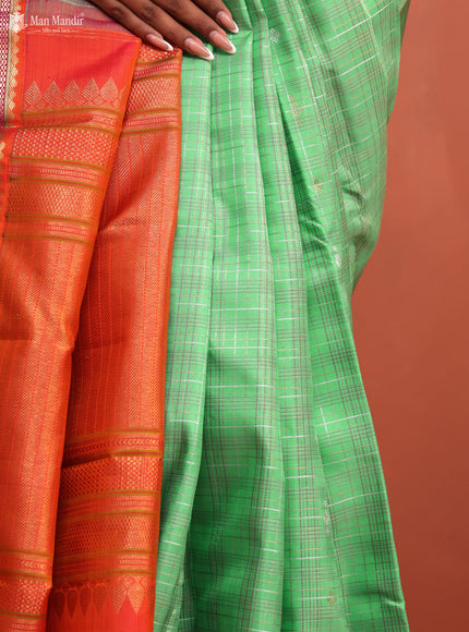 Teal Green - Orange Kanchipuram Silk Saree