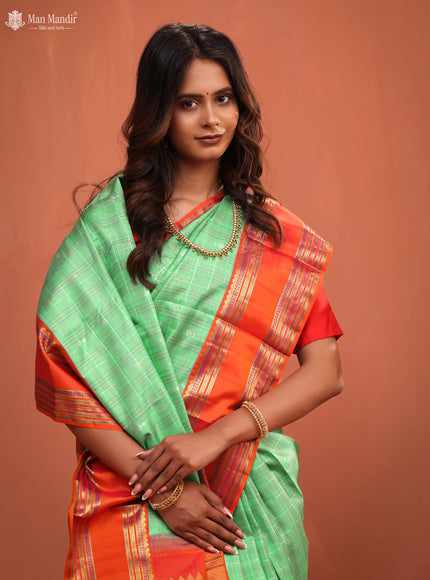 Teal Green - Orange Kanchipuram Silk Saree