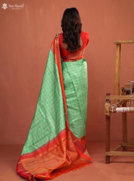 Teal Green - Orange Kanchipuram Silk Saree