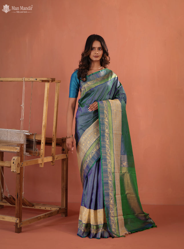 Bluish Green Kanchipuram Silk Saree