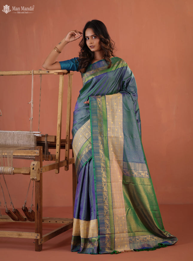 Bluish Green Kanchipuram Silk Saree