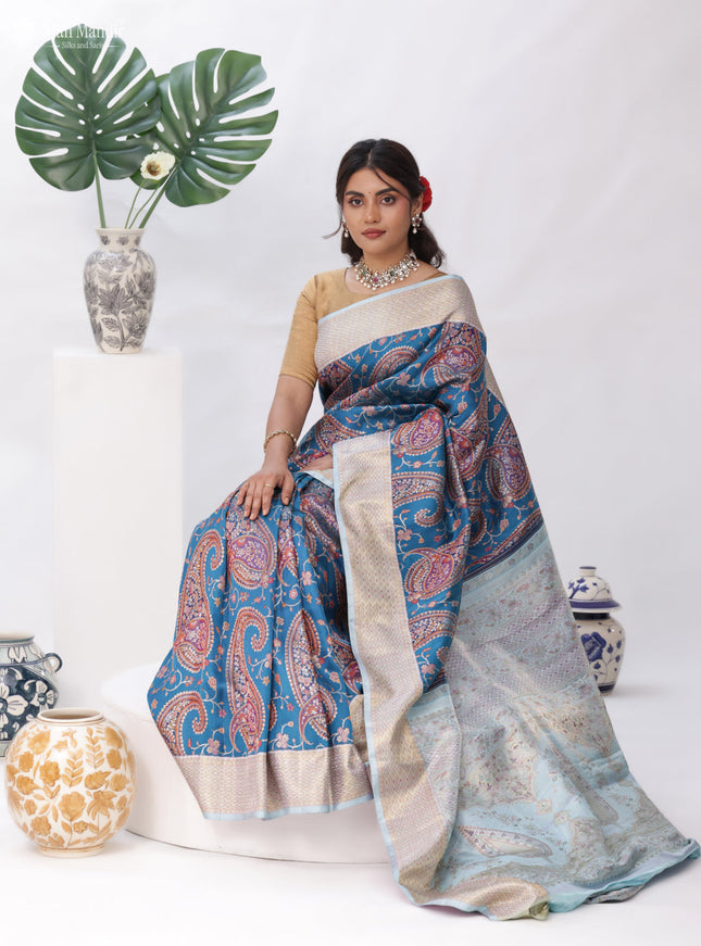 Turquoise Blue - Pale Teal Kanchipuram Silk Saree